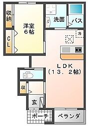 ベルビュー田園 1LDKの間取図画像