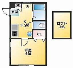 パーシモンハイム 2階1Kの間取り