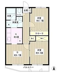 メゾンドボヌール梅島 1階2DKの間取り