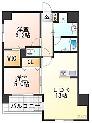 JR福知山線 猪名寺駅 徒歩9分の賃貸マンション 6階2LDKの間取り