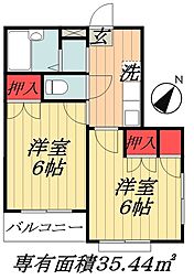 JR総武線 船橋駅 徒歩10分の賃貸マンション 2階2Kの間取り