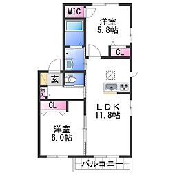 南海加太線 八幡前駅 徒歩6分の賃貸アパート 2階2LDKの間取り