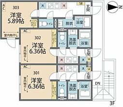 カインドネス亀有II 3階1Kの間取り