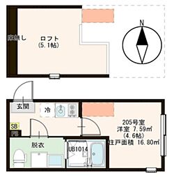 ハーモニーテラス金町V 2階1Kの間取り