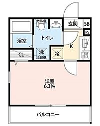 エクセラン中浦和 3階1Kの間取り