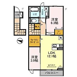 JR片町線(学研都市線) 野崎駅 徒歩19分の賃貸アパート 2階2LDKの間取り
