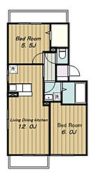 ジュヴァンセルB 1階2LDKの間取り