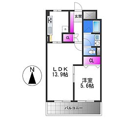 若草ハイツB棟 1LDKの間取図画像