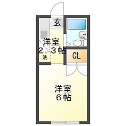 モンシャトー渡辺 2階1Kの間取り