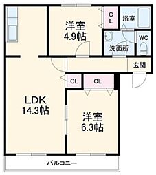 アルファコート流山 2階2LDKの間取り