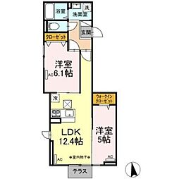 Dフラット台町 1階2LDKの間取り