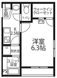 カーサK 3階1Kの間取り