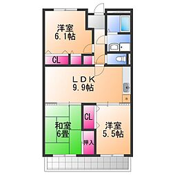 JR阪和線 津久野駅 徒歩6分の賃貸マンション 4階3DKの間取り