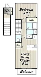 京王相模原線 稲城駅 徒歩3分の賃貸アパート 2階1LDKの間取り