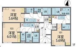 カインドネス本厚木West 1Kの間取図画像