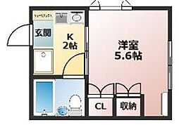 哲学堂フラッツ 2階1Kの間取り