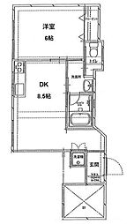 シャトー瑠璃 5階1DKの間取り