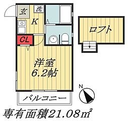 JR総武線 本八幡駅 徒歩14分の賃貸アパート 2階1Kの間取り