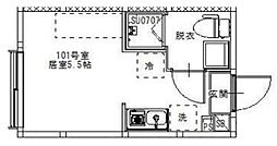 BLX Hirai 1階ワンルームの間取り