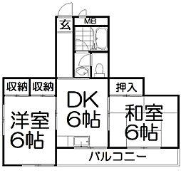 パールハイツ楠葉 2階2DKの間取り