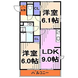 サザンボヌール 3階2DKの間取り