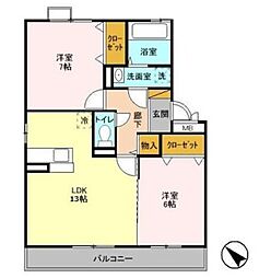 サニーリヴ B 3階2LDKの間取り