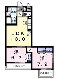 アリーサコート セント 1階2LDKの間取り