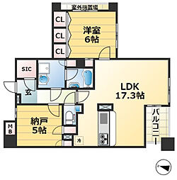 リベール三宮ミッド・キャスト 8階1SLDKの間取り