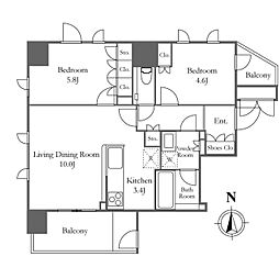プライムアーバン新宿夏目坂タワーレジデンス 4階2LDKの間取り