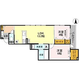 近鉄奈良線 瓢箪山駅 徒歩7分の賃貸アパート 1階2LDKの間取り