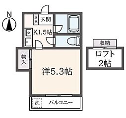 レオパレス南野 2階1Kの間取り