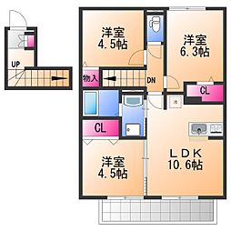 南海線 樽井駅 徒歩13分の賃貸アパート 2階3LDKの間取り