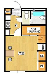 フルール柏公園 2階1Kの間取り
