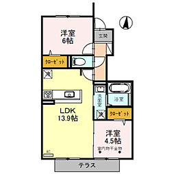 JR福知山線 北伊丹駅 徒歩14分の賃貸アパート 1階2LDKの間取り