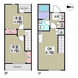 アンジュエール B 1階2DKの間取り