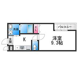フジパレス上野芝III番館 1階1Kの間取り
