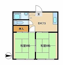 コスモハイツ333 1階2DKの間取り