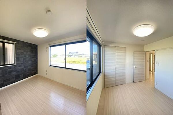 画像8:■北洋室■西壁にアクセントクロスを採用！ライト色の床材・建具とのコントラストでシャープに演出された室内空間♪