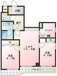 フェリス三鷹 6階2LDKの間取り