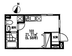 コリーヌ学芸大学弐番館 1階ワンルームの間取り