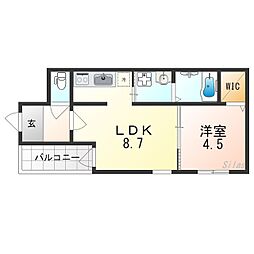 JR阪和線 富木駅 徒歩7分の賃貸アパート 1階1LDKの間取り
