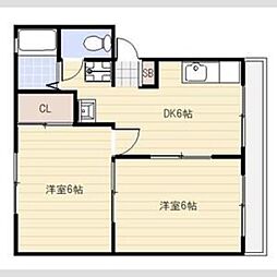 長吉ハイツ帝塚山 2DKの間取図画像