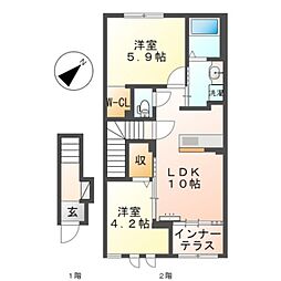 JR阪和線 和泉府中駅 徒歩15分の賃貸アパート 2階2LDKの間取り
