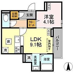 セレスティア関原 1階1LDKの間取り