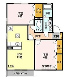 ピエルテル 六番館 1階2LDKの間取り
