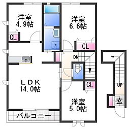 JR和歌山線 船戸駅 3.6kmの賃貸アパート 2階3LDKの間取り