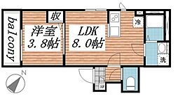 カーサリッツ八千代台 2階1LDKの間取り