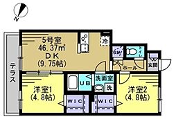 メゾン雅II 1階2DKの間取り