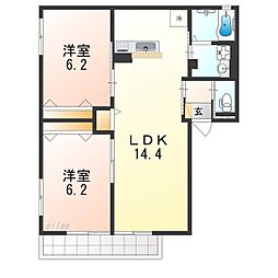 南海高野線 金剛駅 徒歩25分の賃貸アパート 1階2LDKの間取り