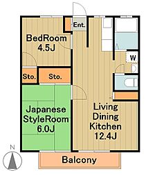 京王相模原線 南大沢駅 徒歩19分の賃貸アパート 2階2LDKの間取り